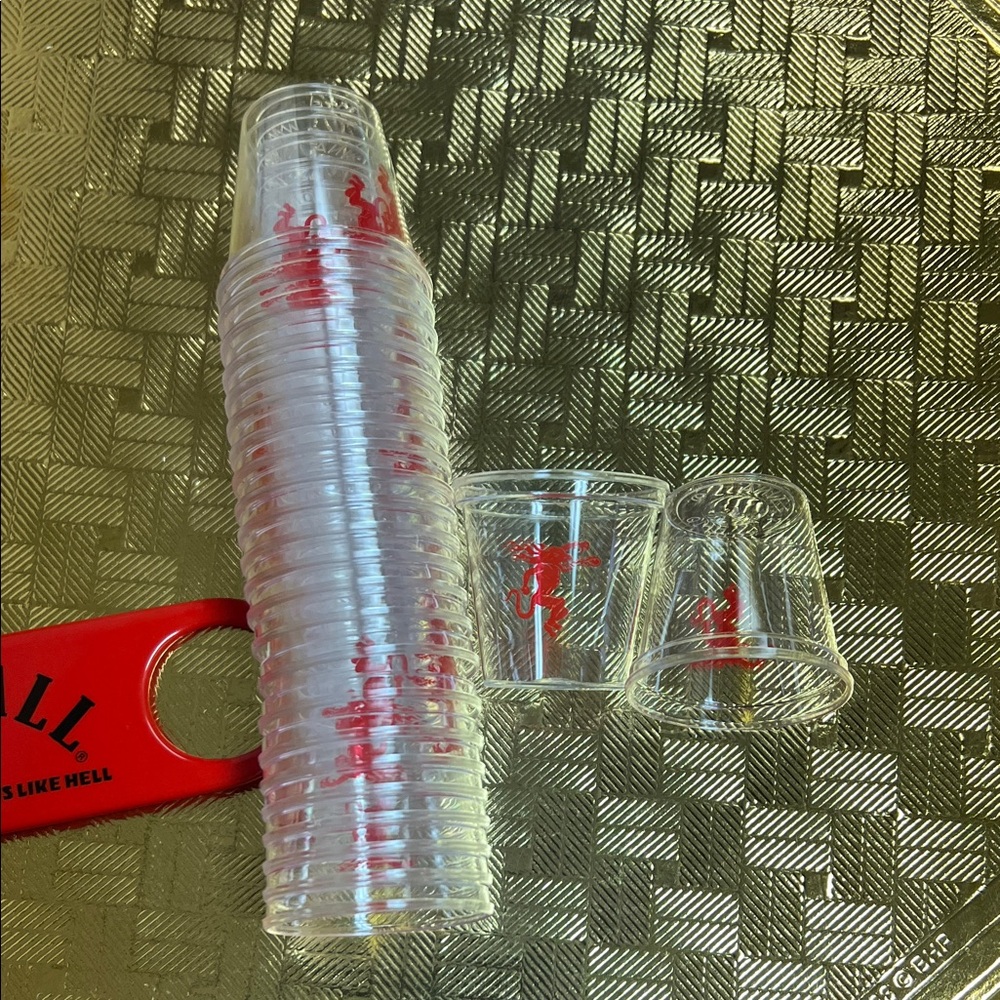 NIB 25pc Fireball whiskey clear logo shot cups